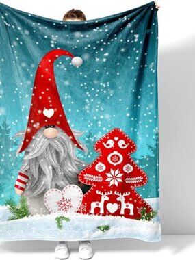 Christmas Gnomes Throw Blanket, Soft Flannel Throw Blanket for Couch, Bed, Blue